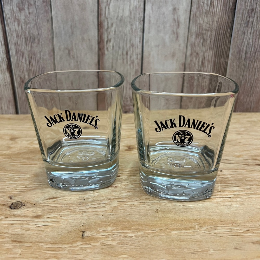Jack Daniels Old No 7 Square Whiskey Rocks Glasses Embossed Base Set of 2